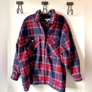 BP, red and blue poly wool plaid shirt jacket shacket warm long sleeve sz large
